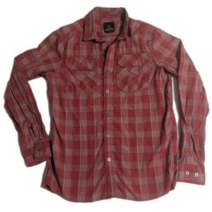 PrAna Button Up Shirt Mens Size Small Red Plaid Long Sleeve Organic‎ Cotton